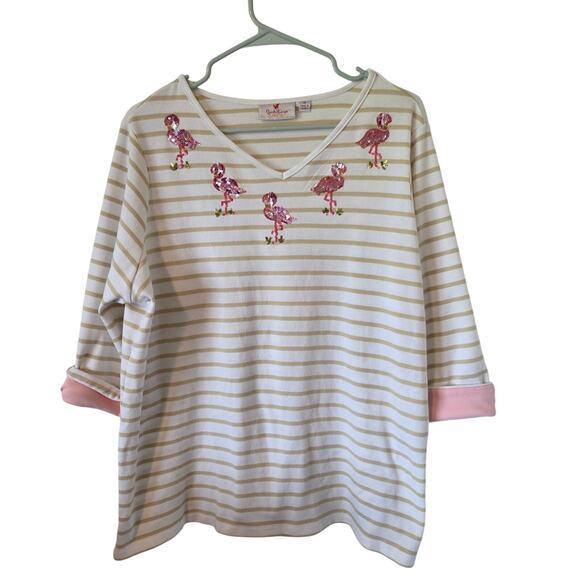 Quacker Factory Womens Flamingo Sequin Striped 3/4 Sleeve Tee Plus Size 1X - Picture 1 of 3
